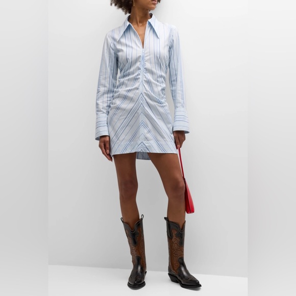GANNI Striped Twill Fitted Zip-Front Tunic Dress - Picture 3 of 9